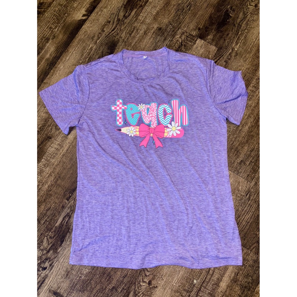 Teach Pencil Bow Graphic Tee Purple Heather Short Sleeve Teacher Shirt Large